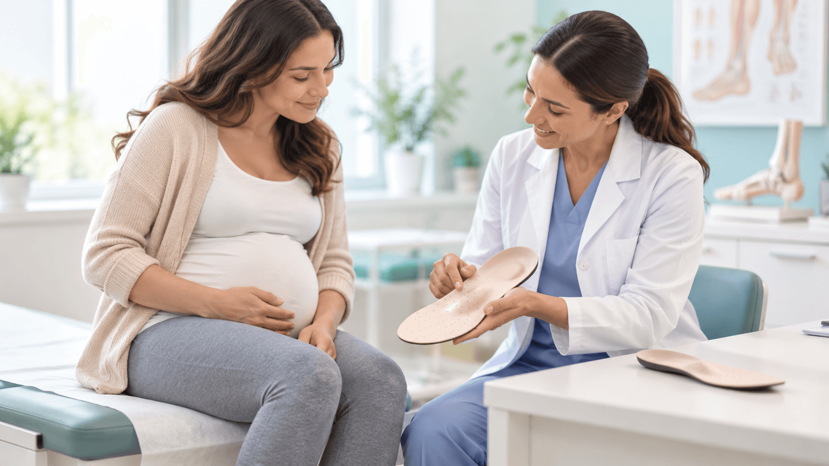 Pregnant woman consulting a foot specialist about custom foot orthoses for improved foot support and comfort during pregnancy.
