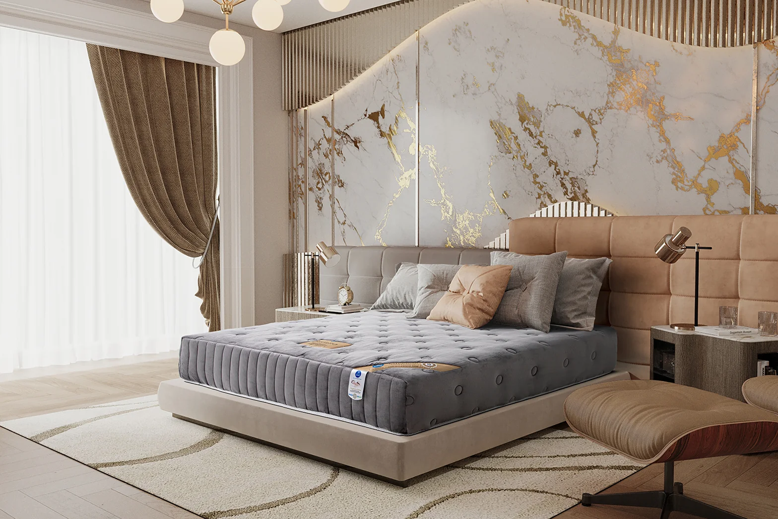 ที่นอนพ็อกเก็ตสปริงเสริมยางพารา รุ่น Burano ผ้าขนมิ้ง สีเทาลายจุด เย็บพิเศษแบบ 1 คิ้ว