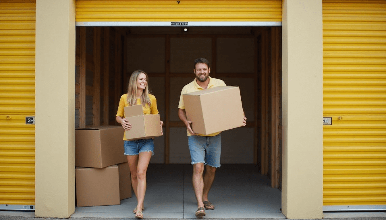 Couple moving into self storage unit in summer
