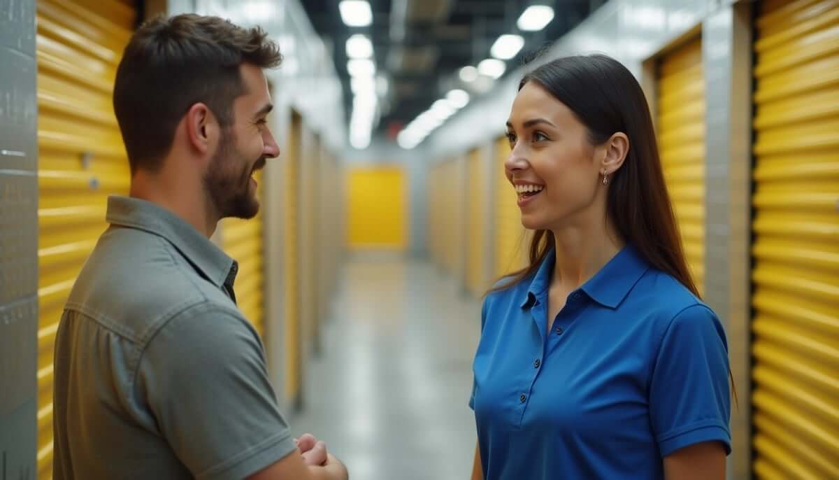 Storage Employee explaining how to pack furniture for climate-controlled storage