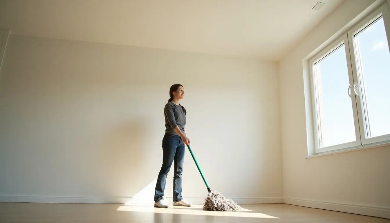 Woman cleaning her first apartment