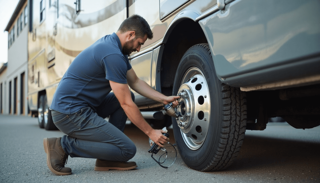 man adding air to tires at self storage facility