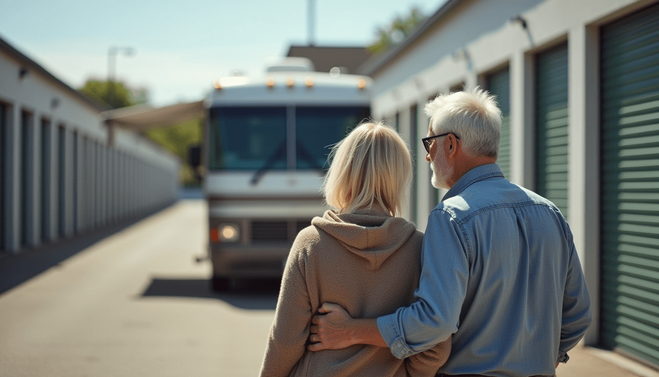 couple looking at their RV storage