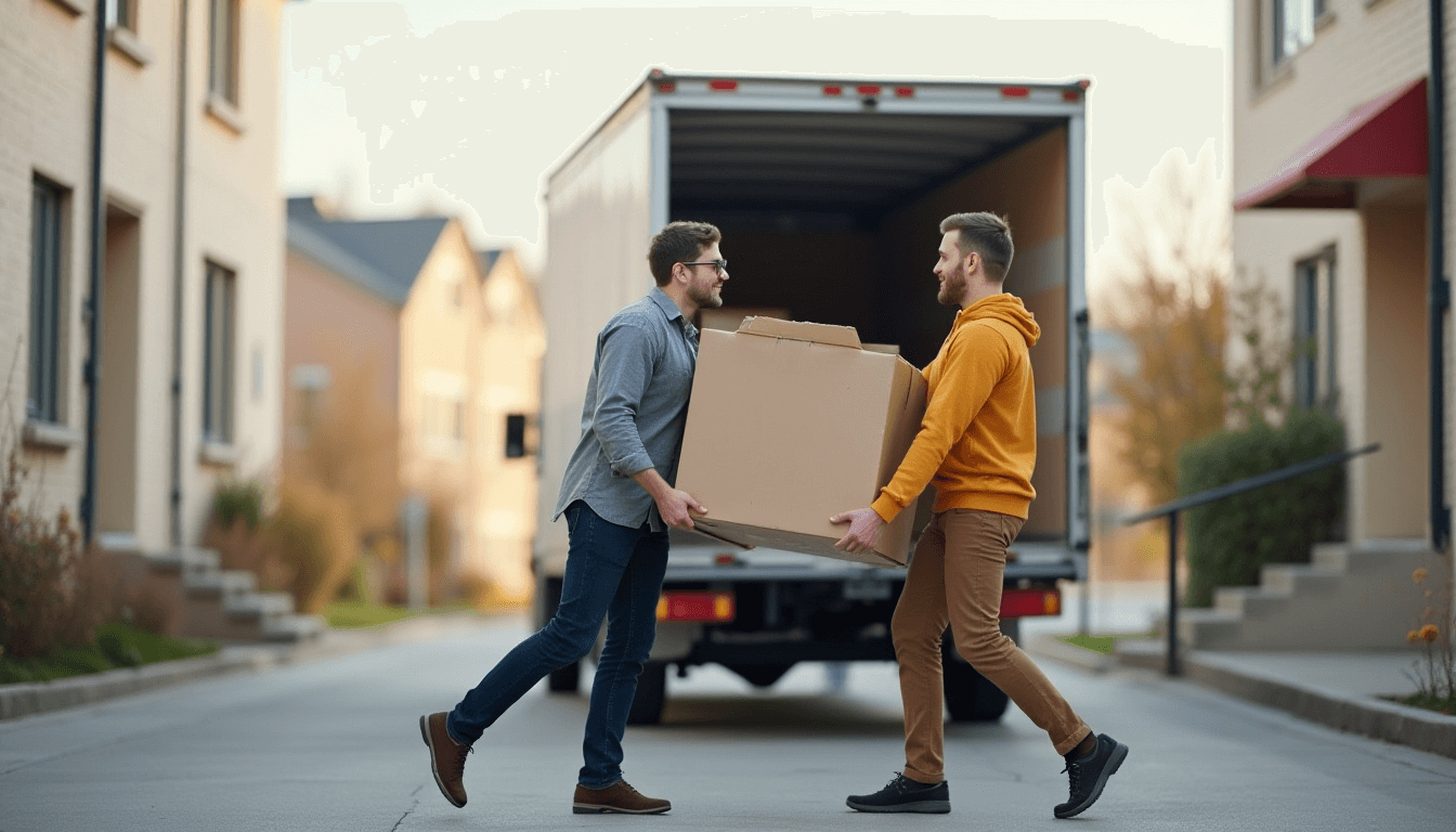 Two men carrying a heavy box outside a moving truck
