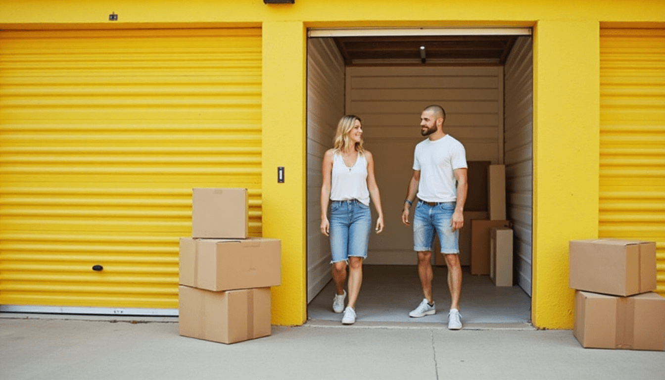 Young couple moving into self storage in summer at Storage Star