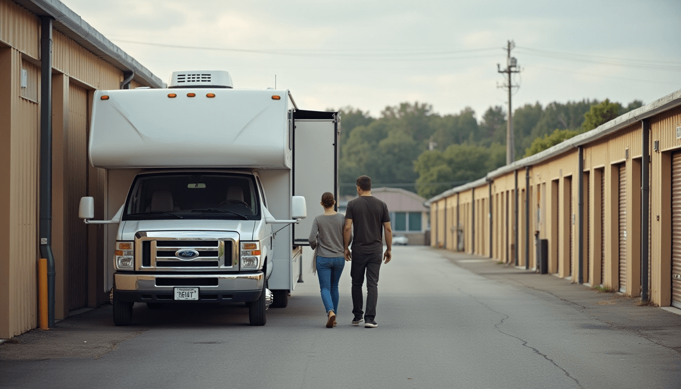 young couple using RV storage