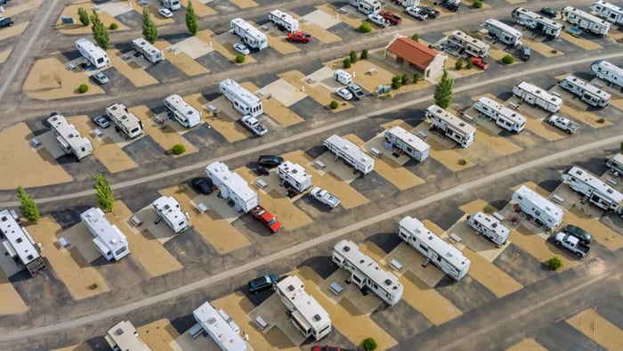 aerial view of trailer rv vacation in recreational vehicle parking