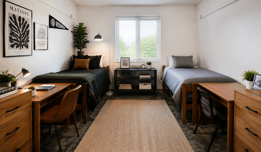 Trendy and clean dorm room decor idea for guys with earthy tones, wall art, and fake plants