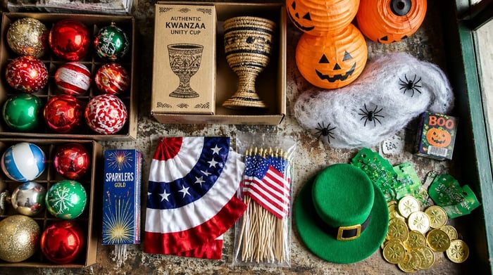 Generated above view of various Christmas, Kawnzaa, Fourth of July, Halloween, and St. Patrick's Day decorations when planning holiday ideas for every occassion