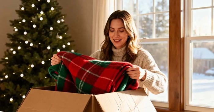 Woman using holiday seasonal storage tips to pack a guest bedroom