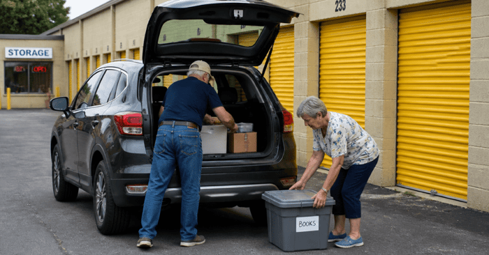 Older couple unloading boxes and bins from the trunk of their car parked in front of yellow drive-up storage units as they prepare for their move to the best states to retire in