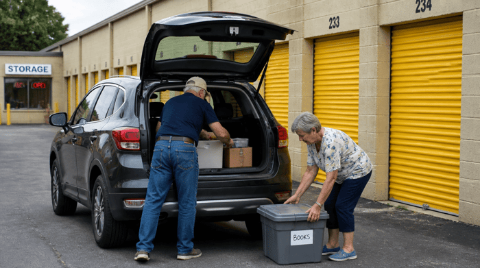 Older couple unloading boxes and bins from the trunk of their car parked in front of yellow drive-up storage units as they prepare for their move to the best states to retire in