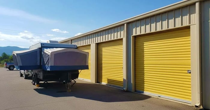 Pop-up trailer storage at a storage facility with yellow roll up unit doors