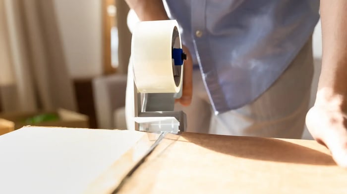close up of a box and packing tape