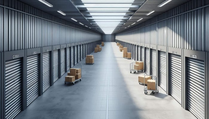 Warehouse interior storage units Scarborough with boxes in trolley