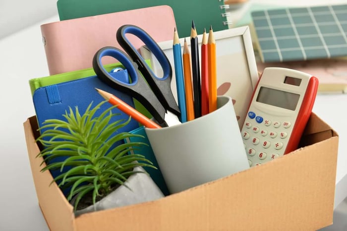 A cardboard box filled with college supplies at storage units Toronto