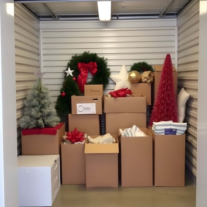 Seasonal decorations in boxes inside storage units in Calgary