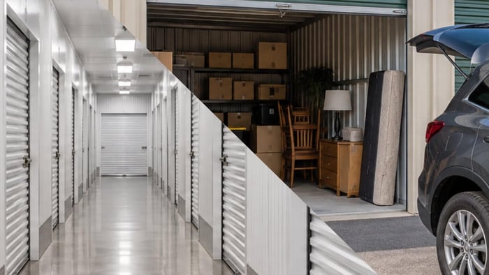 Climate-controlled vs standard storage showing an indoor storage hallway and an exterior drive-up storage unit