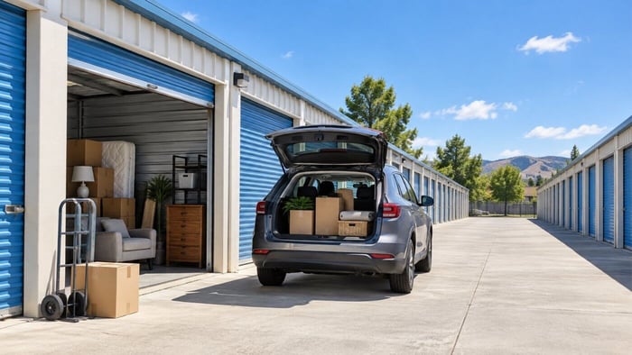 Drive-up storage units with a vehicle parked beside an open storage unit for easy loading