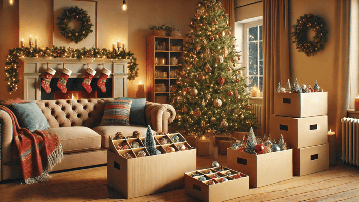 how to store christmas decorations displayed in a living room before being packed away