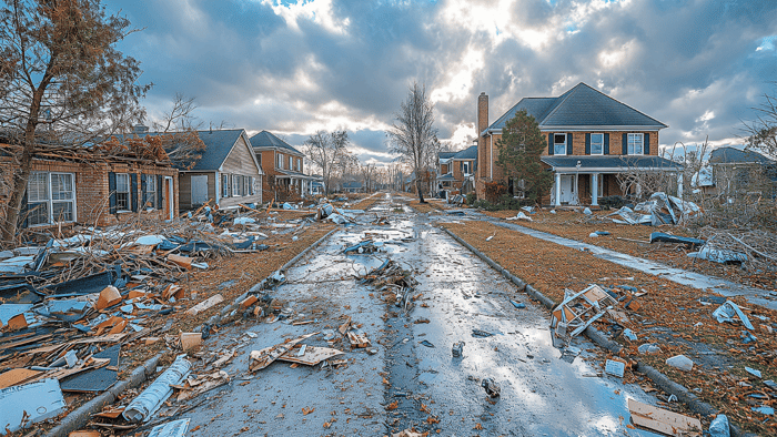 Storm-damaged neighborhood showing why it is important to protect your belongings from natural disasters