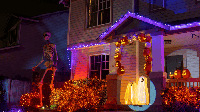 Halloween-decorated house before it is time to store Halloween decorations