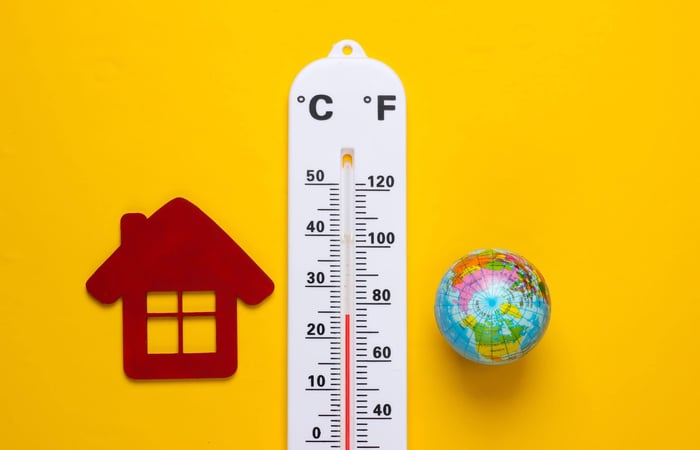 House and planet earth next to thermometer controlling temperature in storage Winston-Salem.