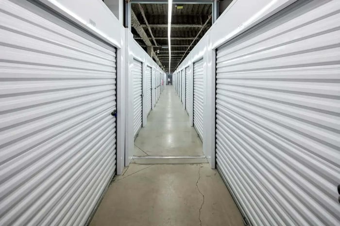 Hallway view of storage units in Charlotte