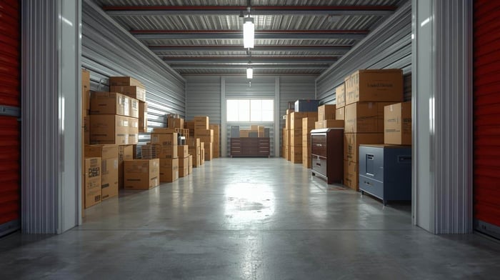 Storage unit sizes in El Paso with boxes and furniture organized inside a large self-storage unit.