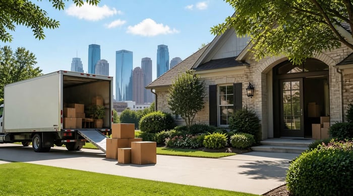 Moving to Houston, TX with a moving truck and boxes outside a home near the city skyline