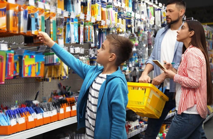 Parents and their child shopping for school supplies.