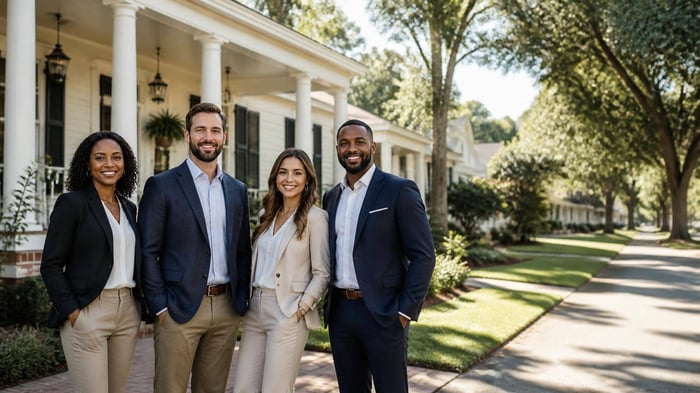 Real estate agents in Carthage, MS standing outside a home in a residential neighborhood
