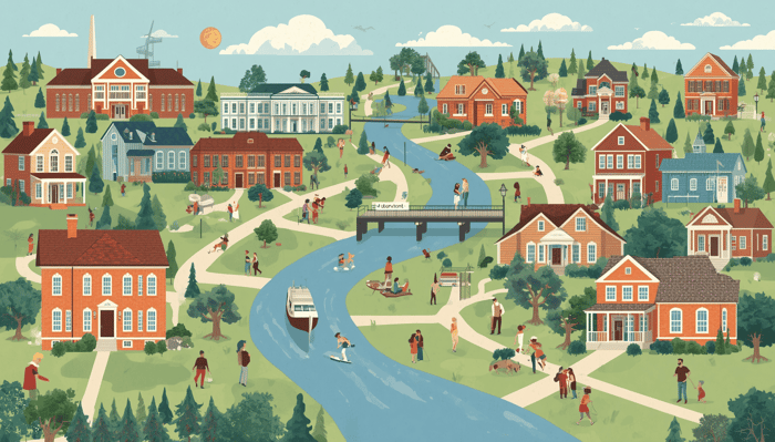 Living in Beaumont TX with an illustration of neighborhoods, parks, and the local community