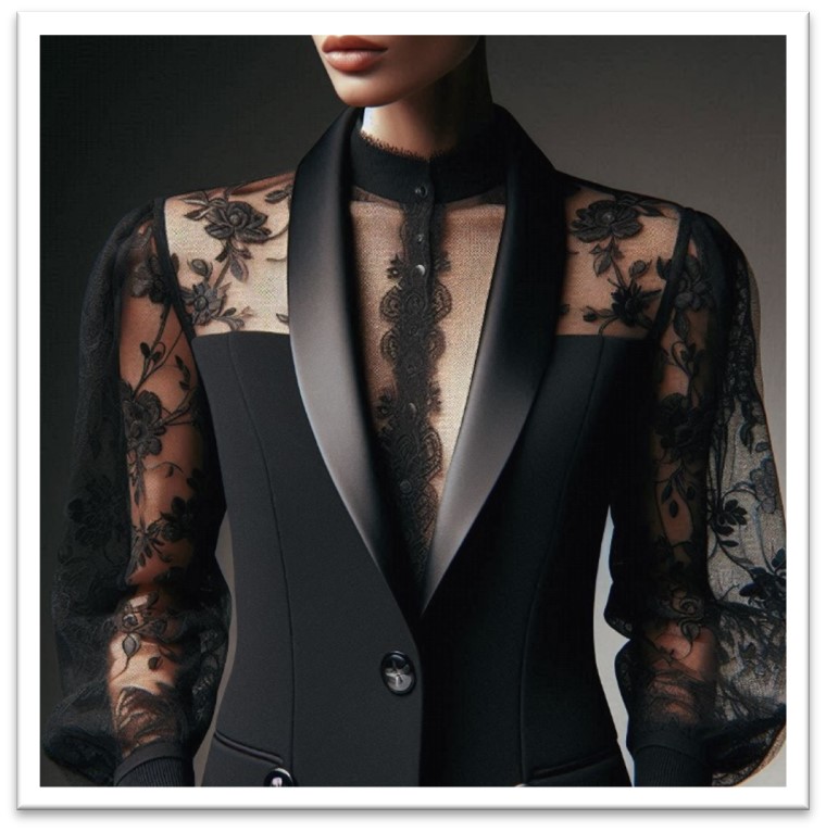 A tailored black coat with sheer lace sleeves