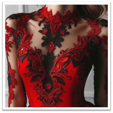 A stunning red dress with a black lace overlay.