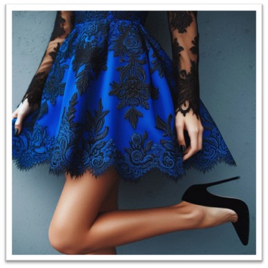 A vibrant blue dress with a black lace overlay, styled with simple black heels.