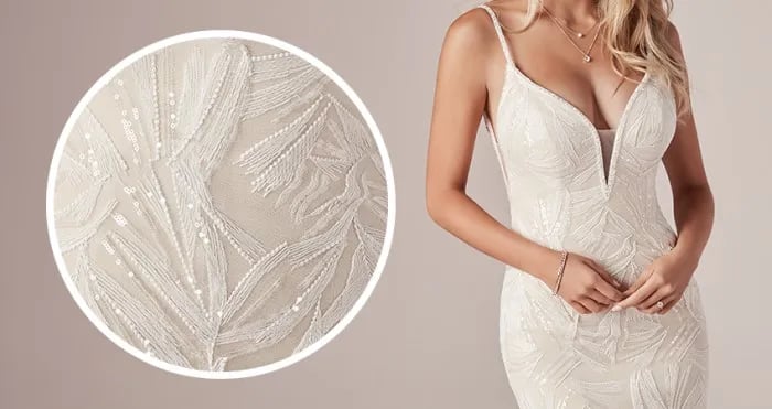To create three-dimensional beaded embroidered lace, delicate patterns are tightly stitched onto an illusion base