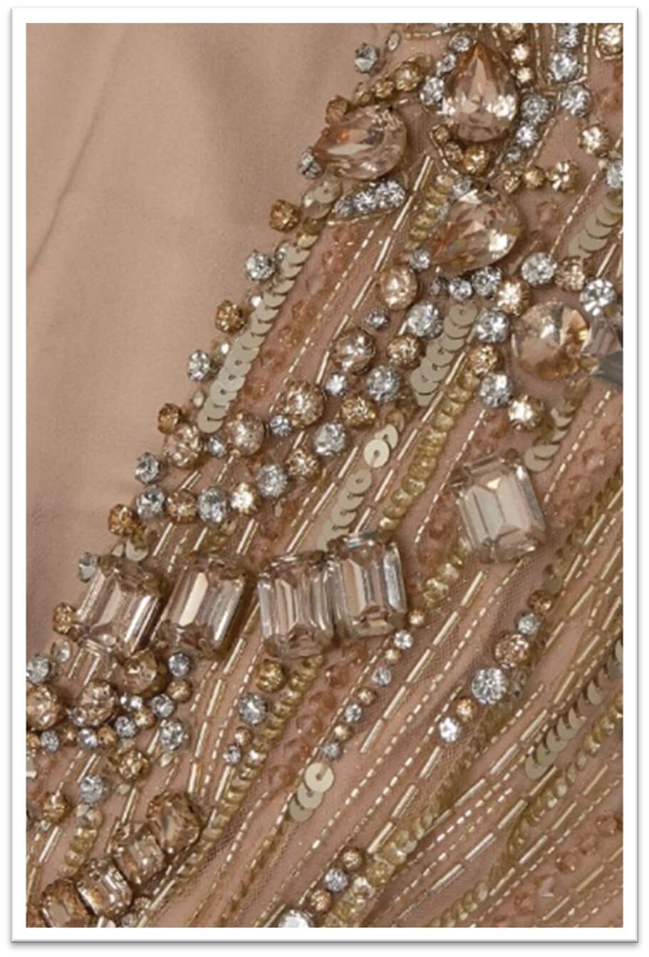 Art Deco Glam: Geometric lines with metallic sequins for bold sophistication, channeling the glamour of the 1920s with symmetry, gold tones, and evening sparkle