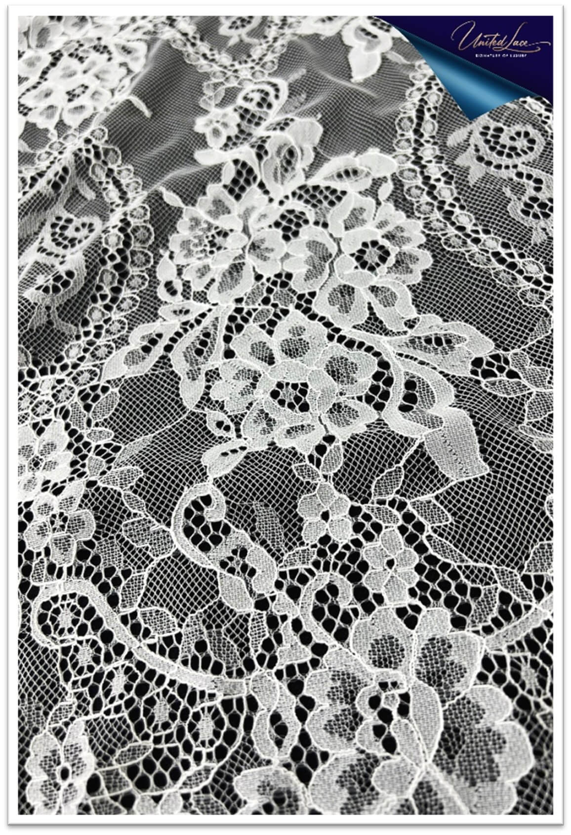 Ultra-fine, airy, and elegant. Known for its intricate floral patterns and soft, fluid drape, Chantilly Lace is woven on lightweight netting and finished with scalloped edges or corded outlines.
