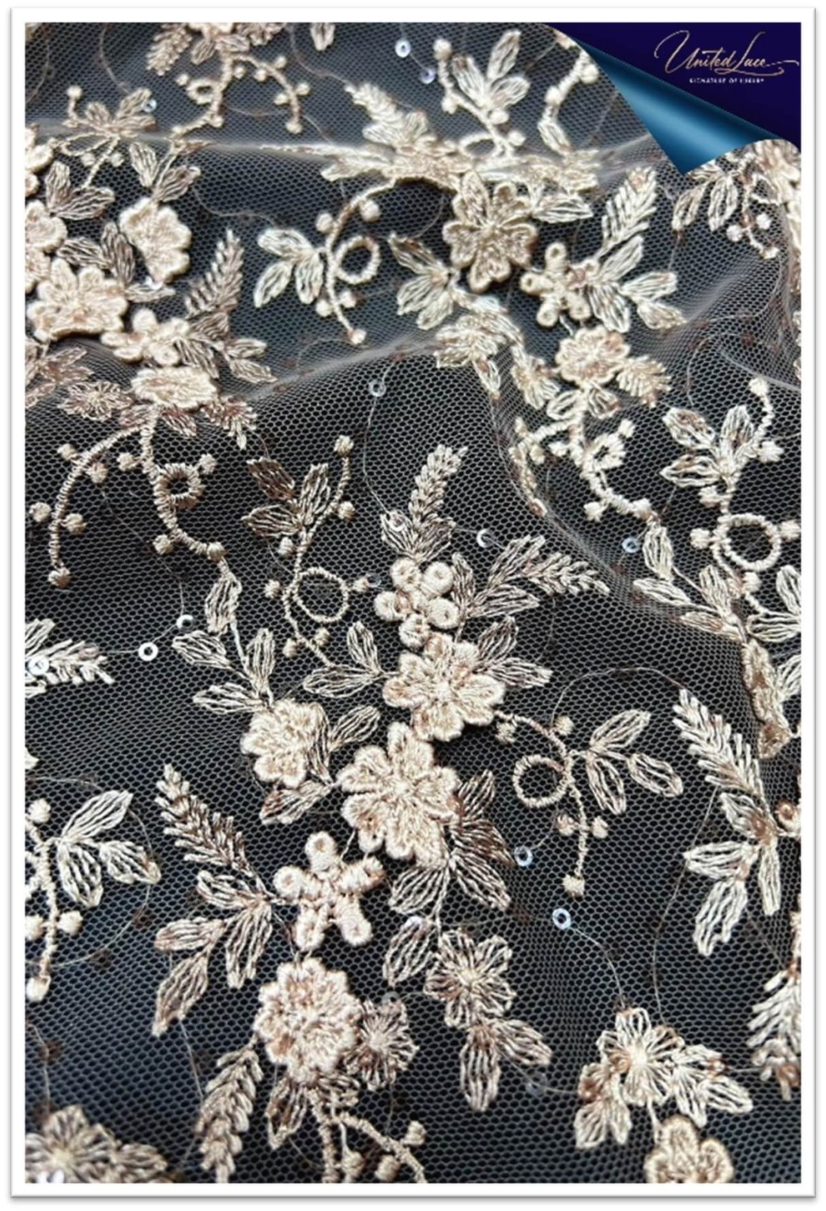 3D Floral Lace features dimensional floral motifs often crafted by layering organza or tulle petals, or by using dense embroidery that lifts off the fabric base.