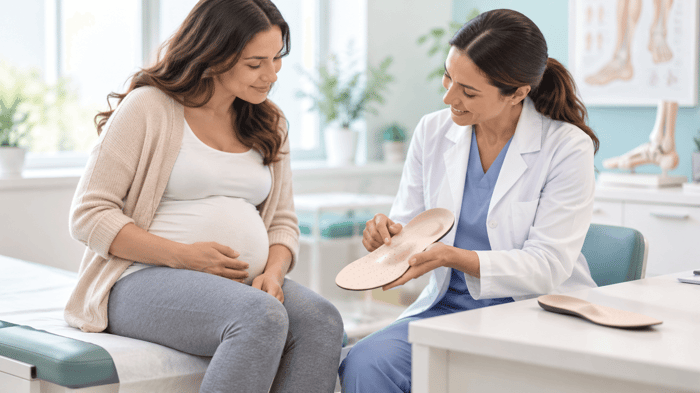 Pregnant woman consulting a foot specialist about custom foot orthoses for improved foot support and comfort during pregnancy.