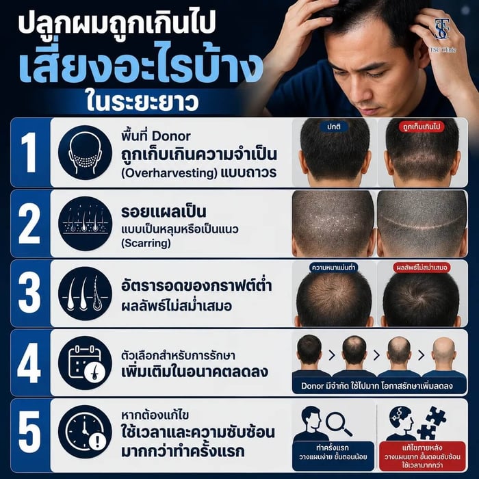 5 ความเสี่ยงระยะยาวของการปลูกผมถูกเกินไป