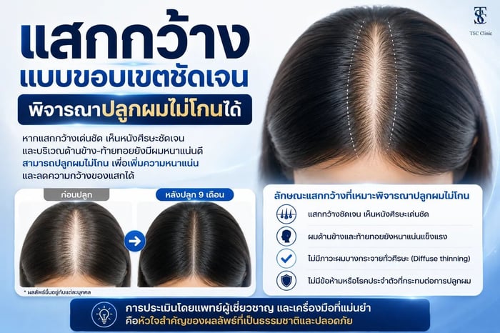 แสกกว้างแบบขอบเขตชัดเจนพิจารณาปลูกผมไม่โกนได้