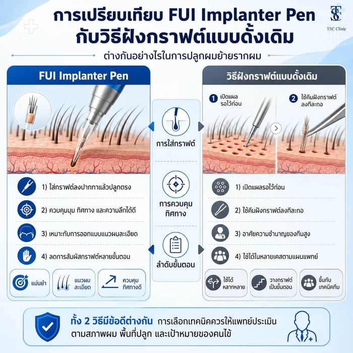 ขั้นตอน FUE เก็บกราฟต์และ FUI ฝังกราฟต์ในการปลูกผมหนึ่งครั้ง
