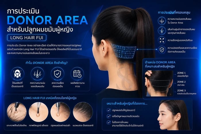 การประเมิน Donor Area สำหรับปลูกผมขมับผู้หญิง Long Hair FUI