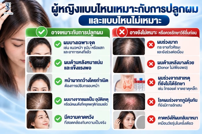ตารางสรุปลักษณะผู้หญิงที่เหมาะและไม่เหมาะกับการปลูกผม