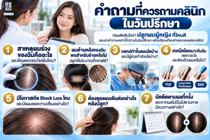 ผู้หญิงปรึกษาแพทย์ปลูกผมพร้อมดูภาพตรวจหนังศีรษะผ่านกล้องขยาย