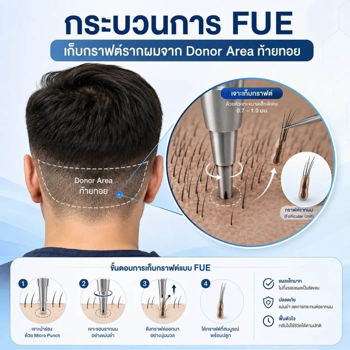 กระบวนการ FUE เก็บกราฟต์รากผมจาก Donor Area ท้ายทอย