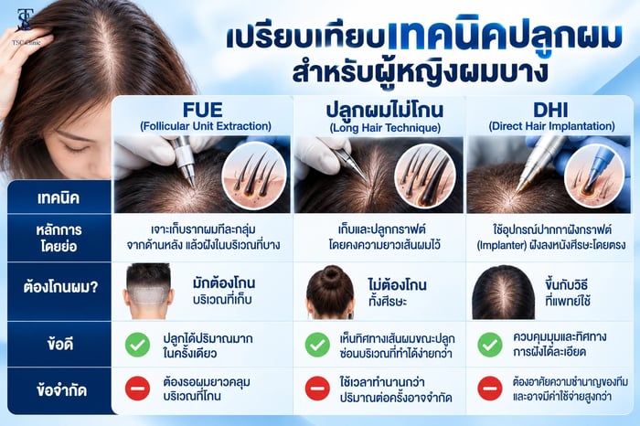 เปรียบเทียบกราฟต์ผมแบบโกนกับกราฟต์ผมยาวที่ใช้ในการปลูกผมผู้หญิง