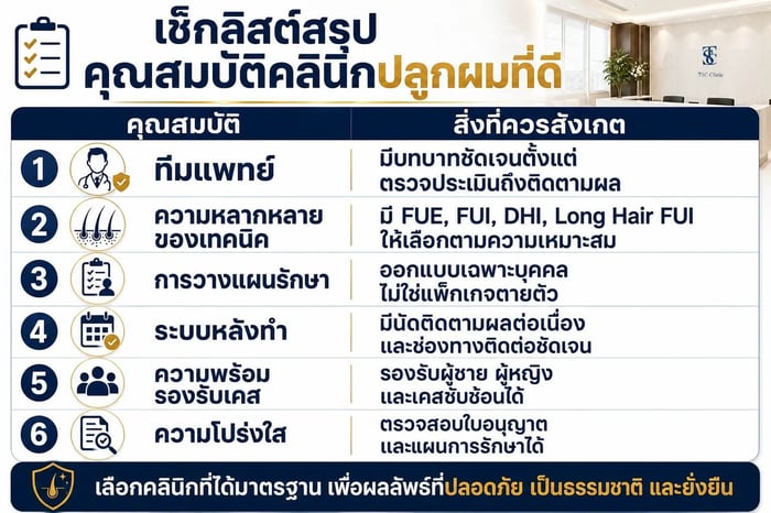 ตารางเช็กลิสต์สรุปคุณสมบัติคลินิกปลูกผม